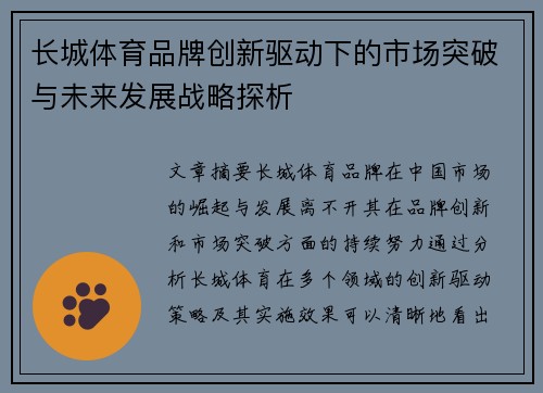 长城体育品牌创新驱动下的市场突破与未来发展战略探析